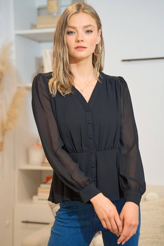 Button-Front Peplum Blouse