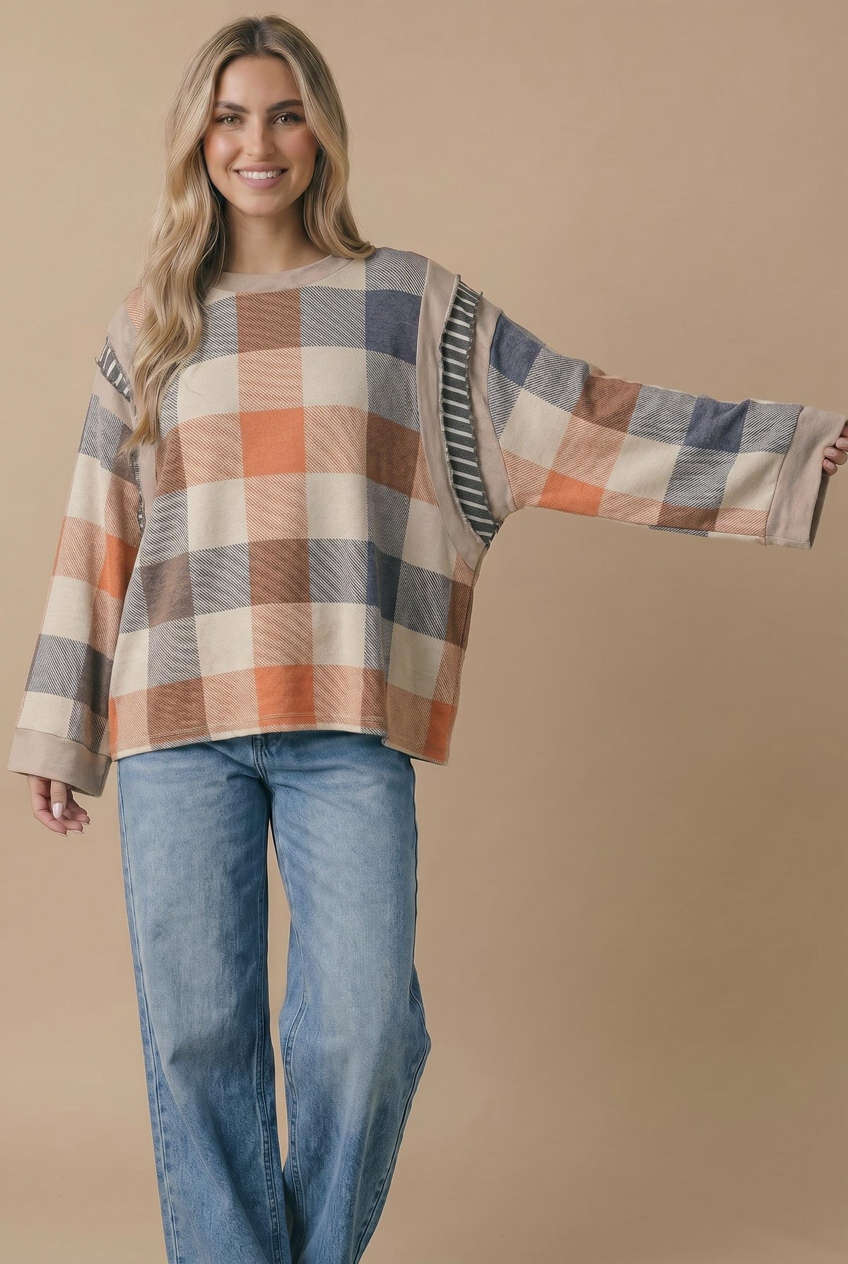Autumn Plaid Contrast Trim Pullover