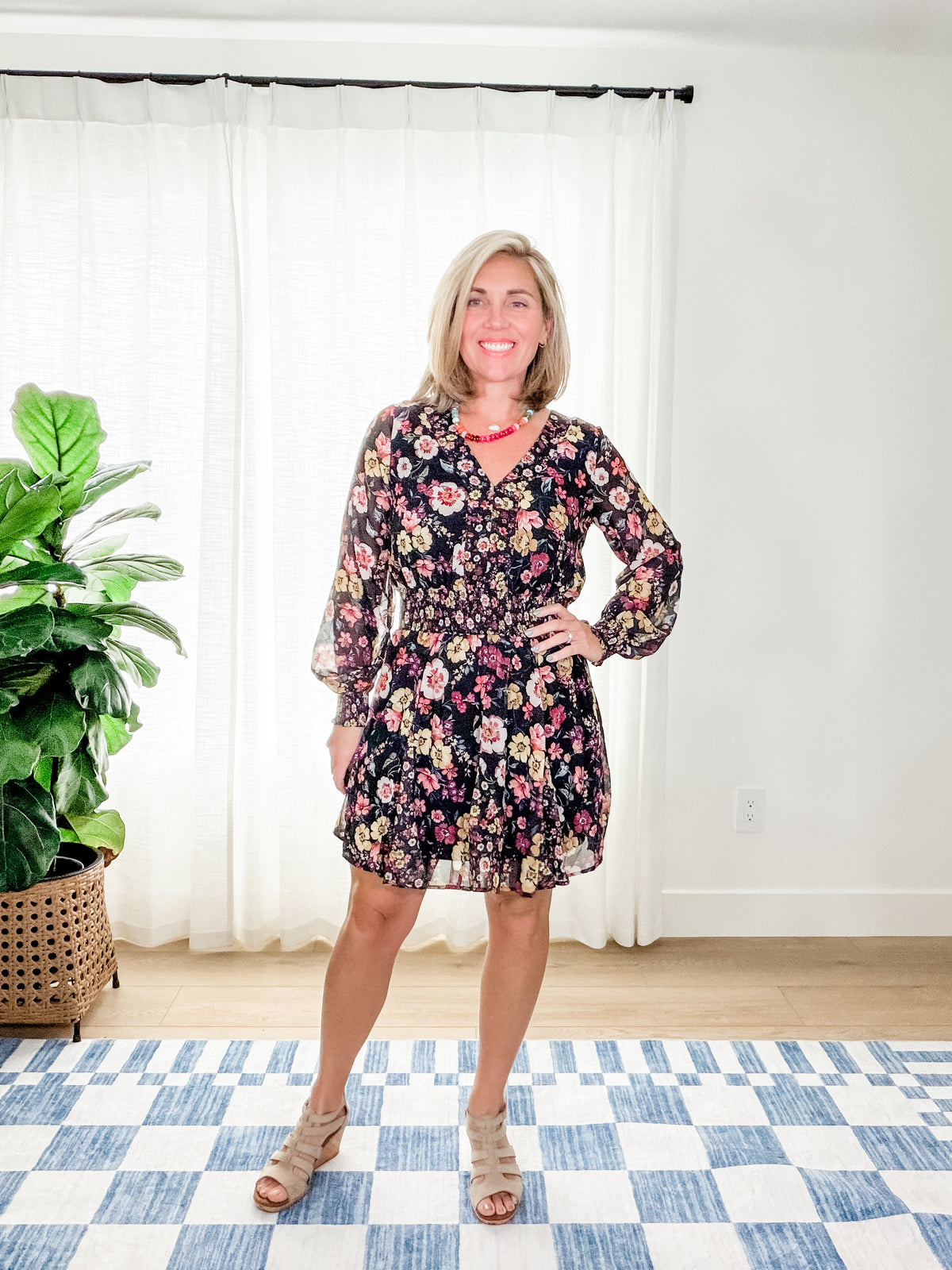 The Black Floral Smocked Waist Dress