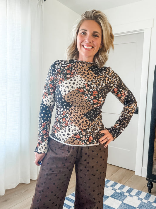 Mixed Print Patchwork Long Sleeve Top