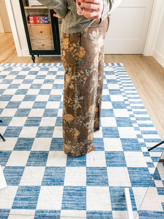 Brown Floral Print Wide-Leg Jeans
