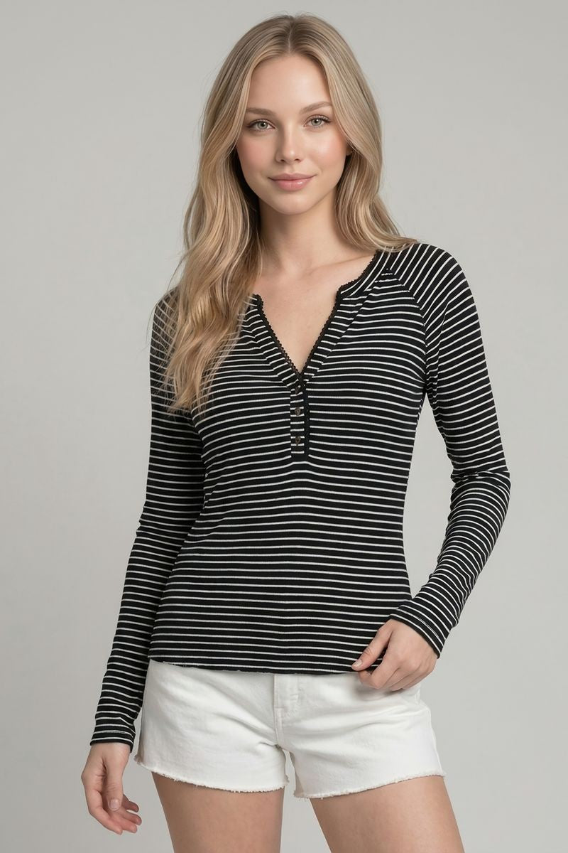 The Lace Trim Striped Henley