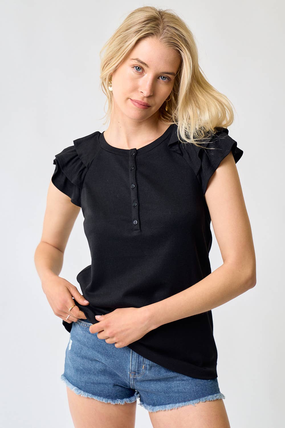 Flutter Sleeve Henley Knit Top