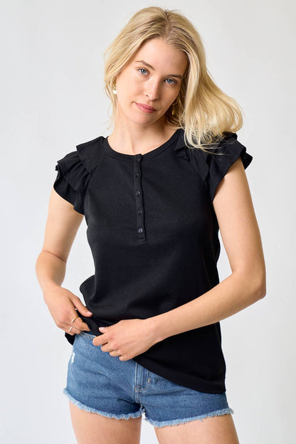 Flutter Sleeve Henley Knit Top