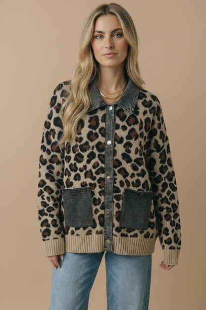 Leopard & Denim Patch Pocket Cardigan
