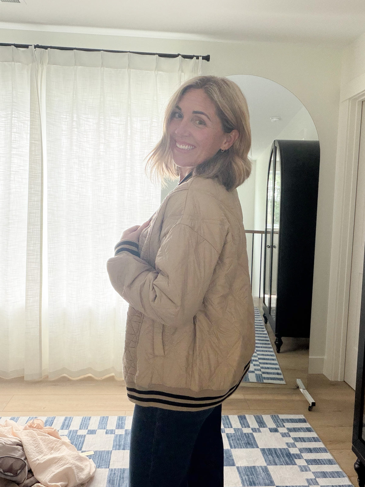 Striped Trim Open Front Quilted Bomber Jacket