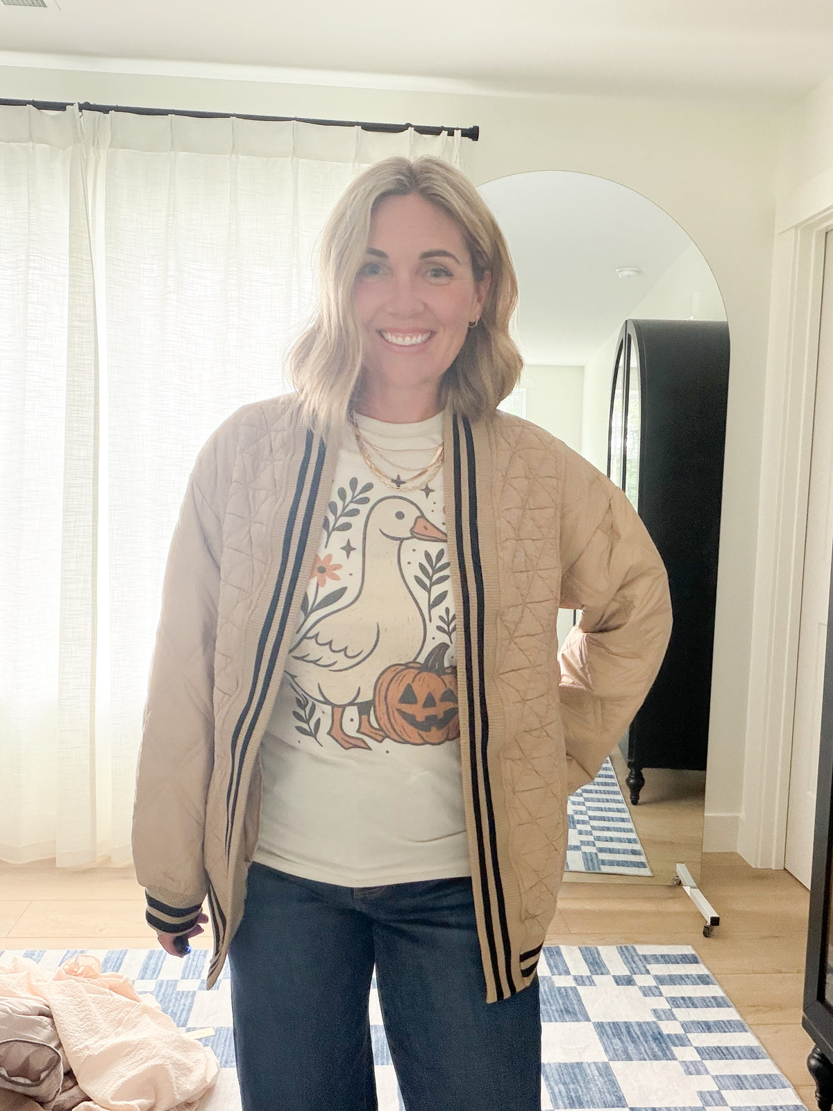 Striped Trim Open Front Quilted Bomber Jacket