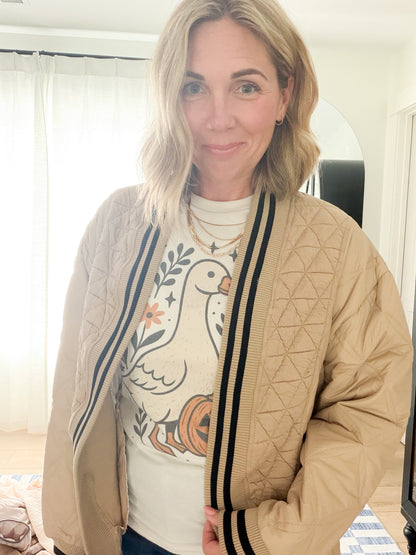 Striped Trim Open Front Quilted Bomber Jacket