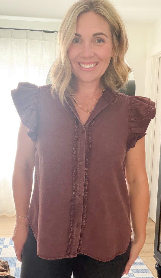 Mineral Wash Ruffle Sleeve Blouse