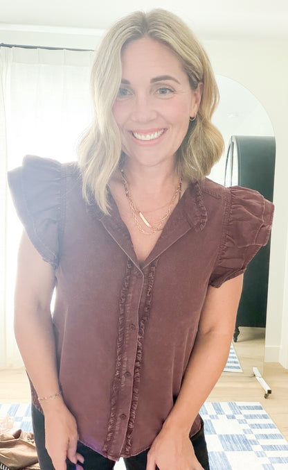 Mineral Wash Ruffle Sleeve Blouse