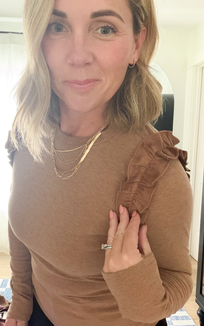 Faux Suede Ruffle Knit Top