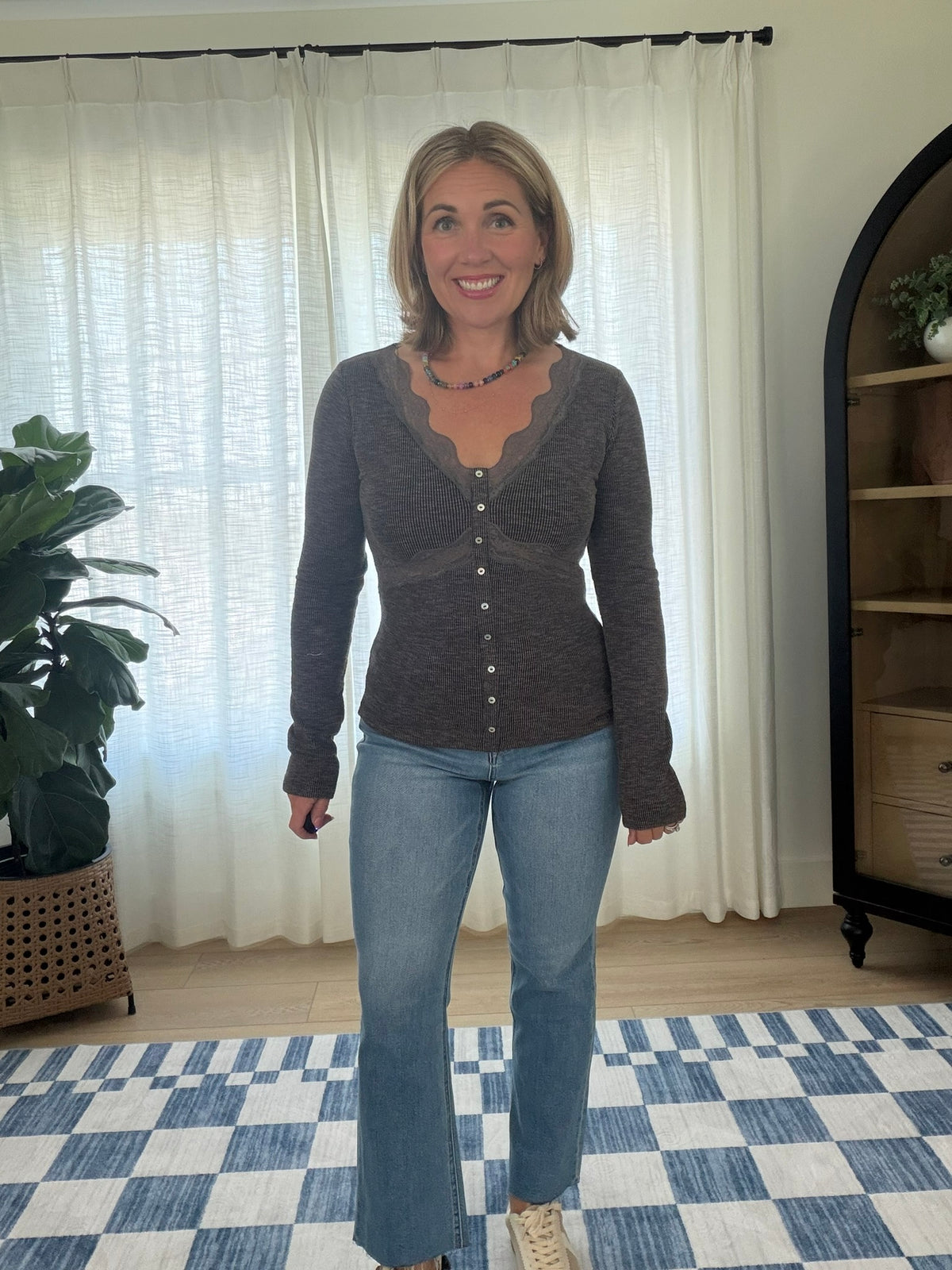 Lace Trim Ribbed Henley Top