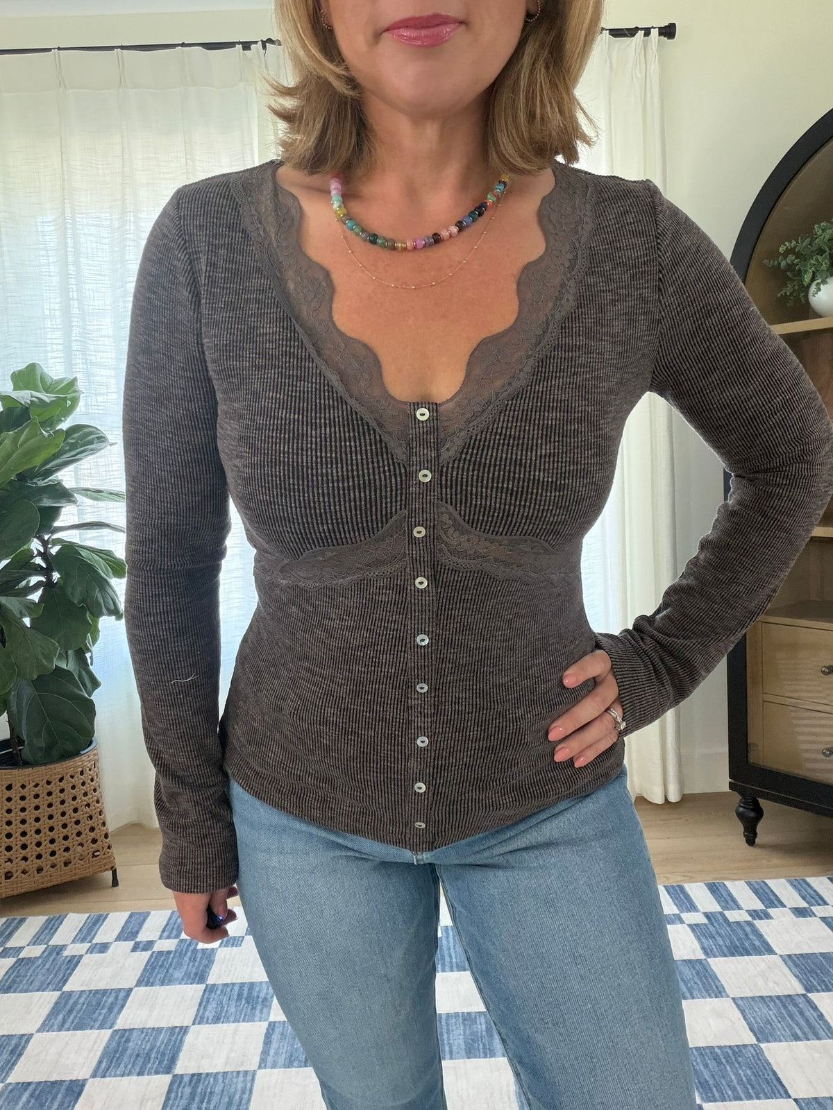 Lace Trim Ribbed Henley Top