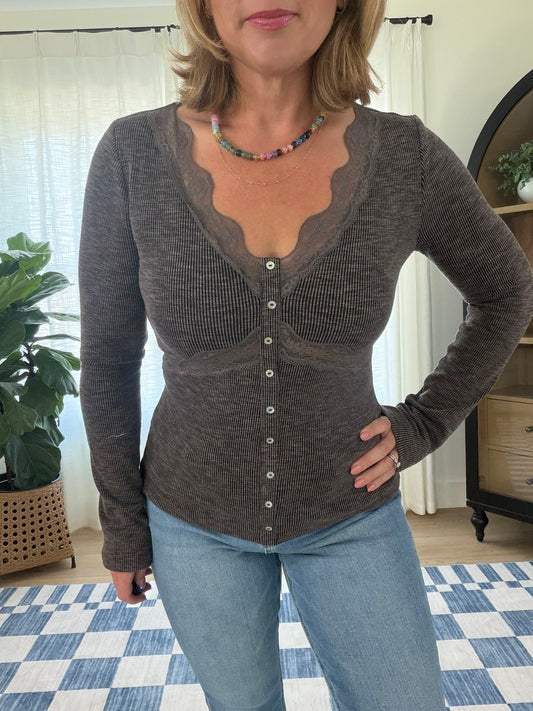 Lace Trim Ribbed Henley Top