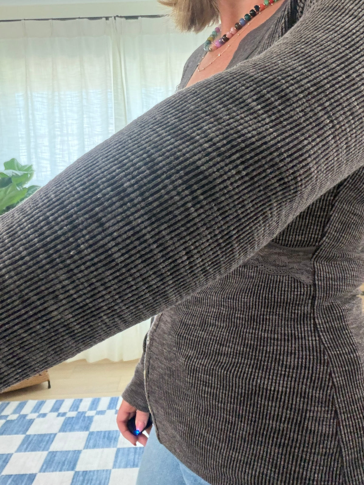 Lace Trim Ribbed Henley Top