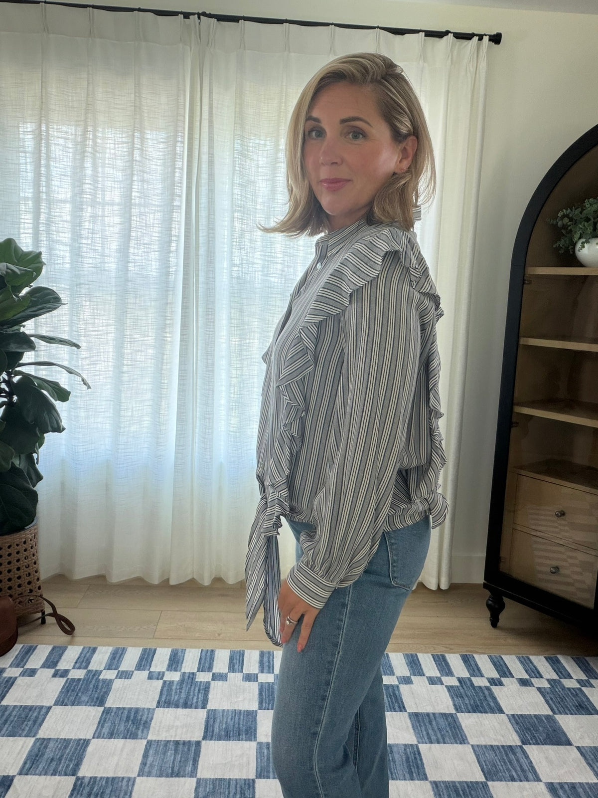 Striped Ruffle Tie Front Blouse