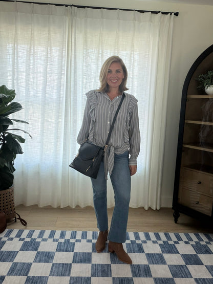 Striped Ruffle Tie Front Blouse