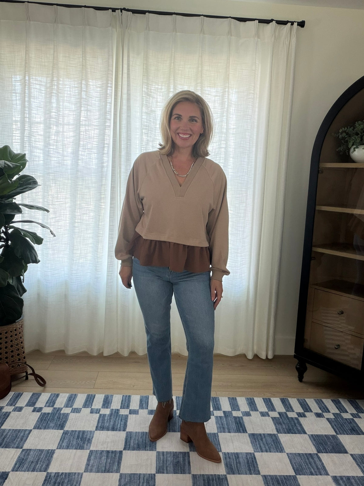 Mixed Media Ruffle Hem Pullover