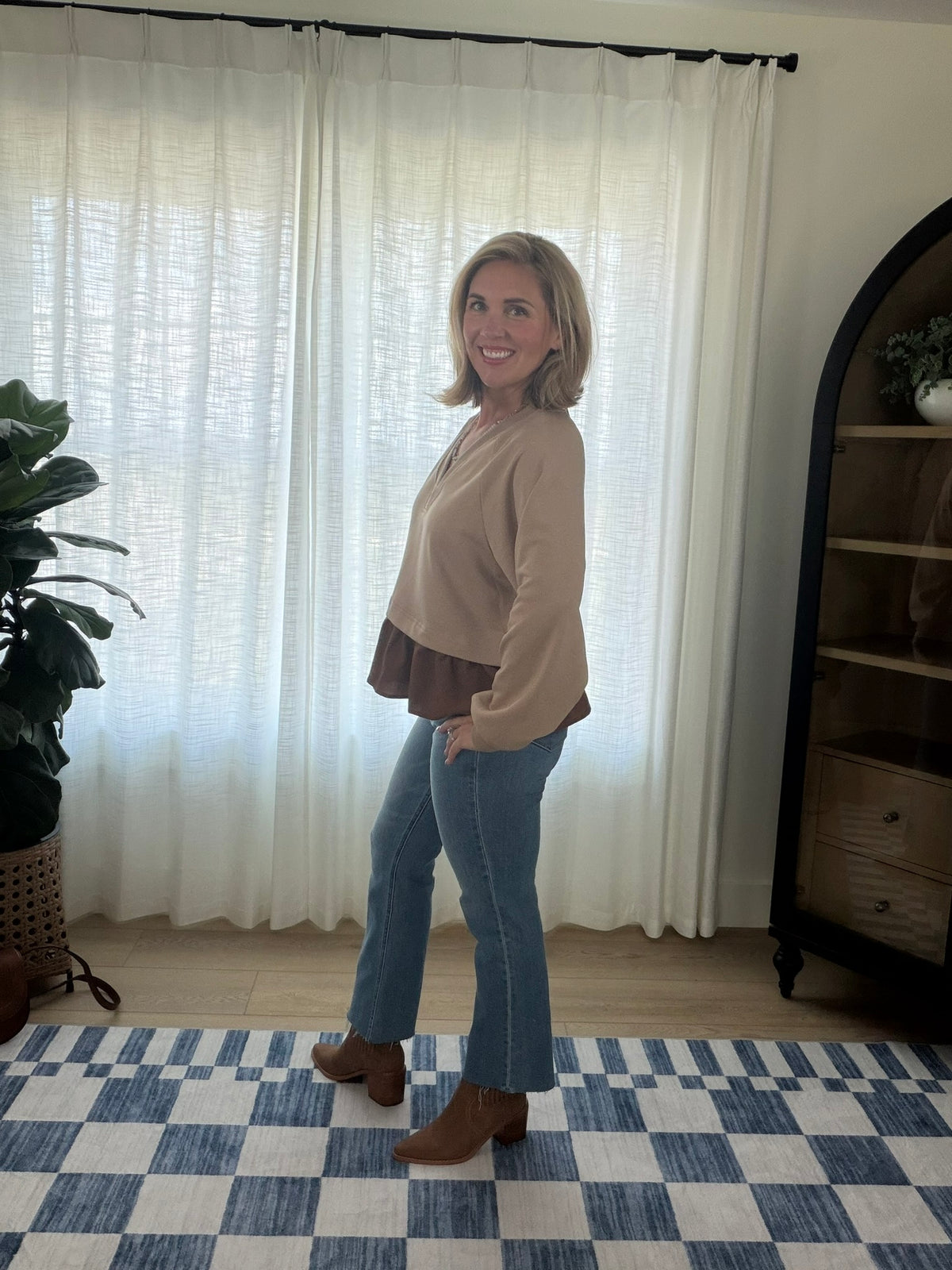 Mixed Media Ruffle Hem Pullover