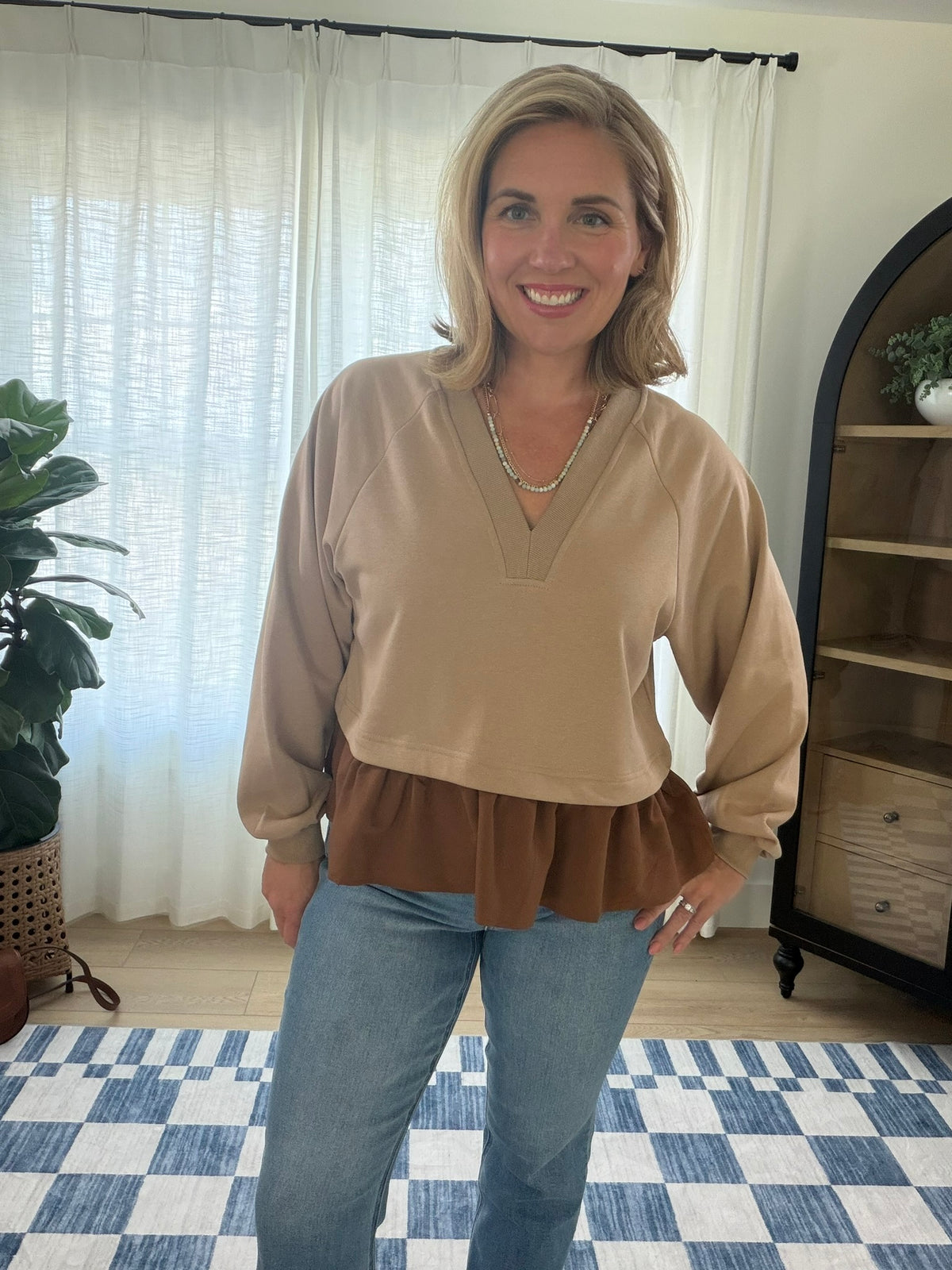 Mixed Media Ruffle Hem Pullover