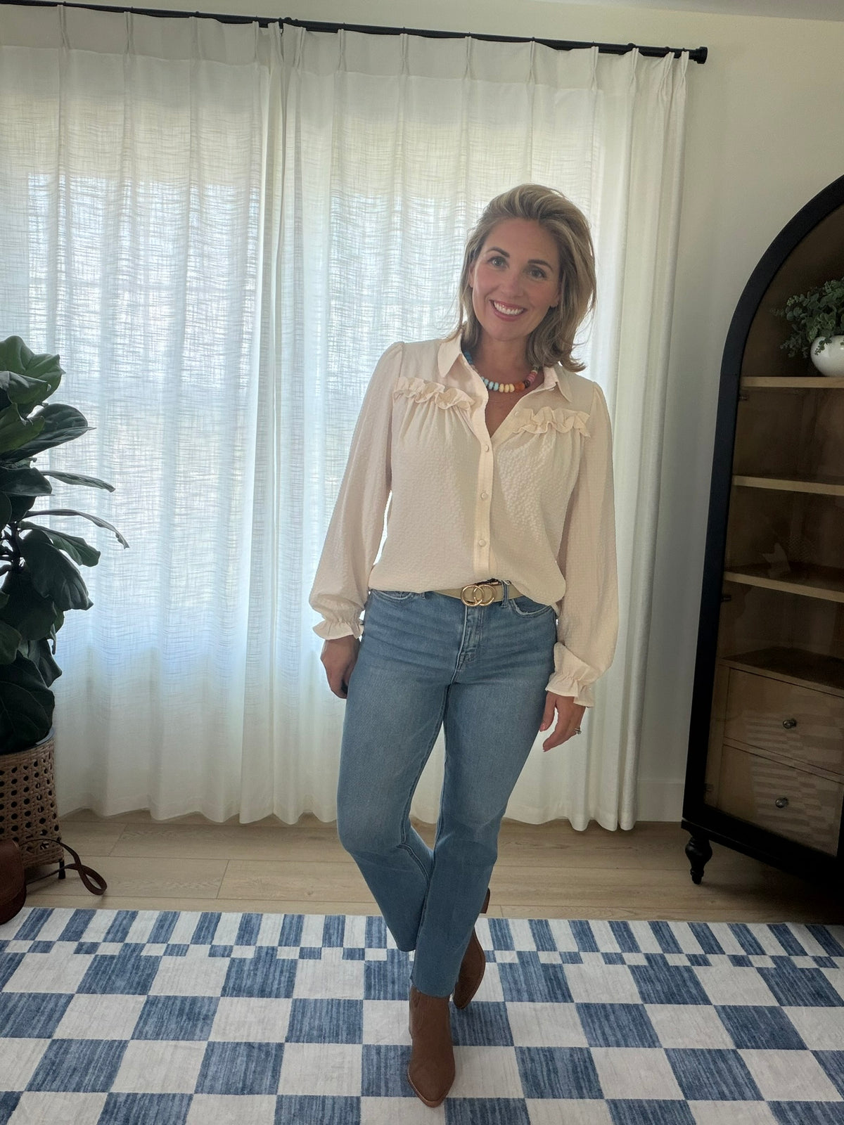 Textured Ruffle Button-Up Blouse