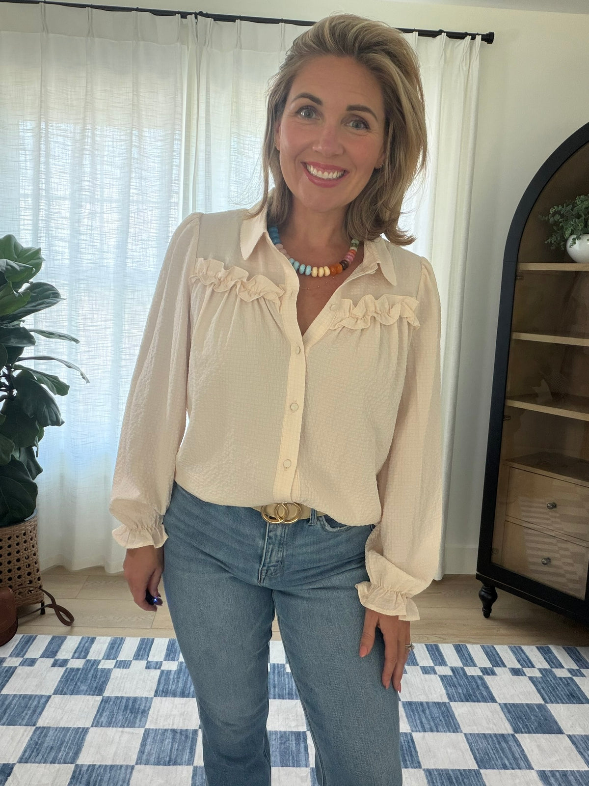 Textured Ruffle Button-Up Blouse