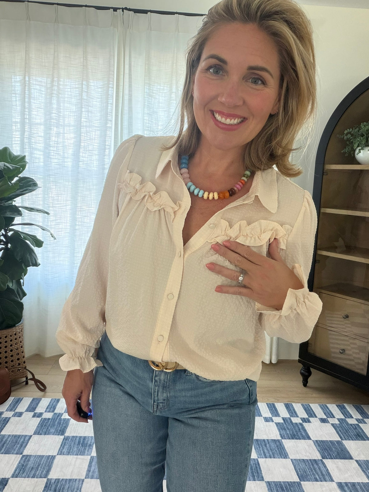 Textured Ruffle Button-Up Blouse