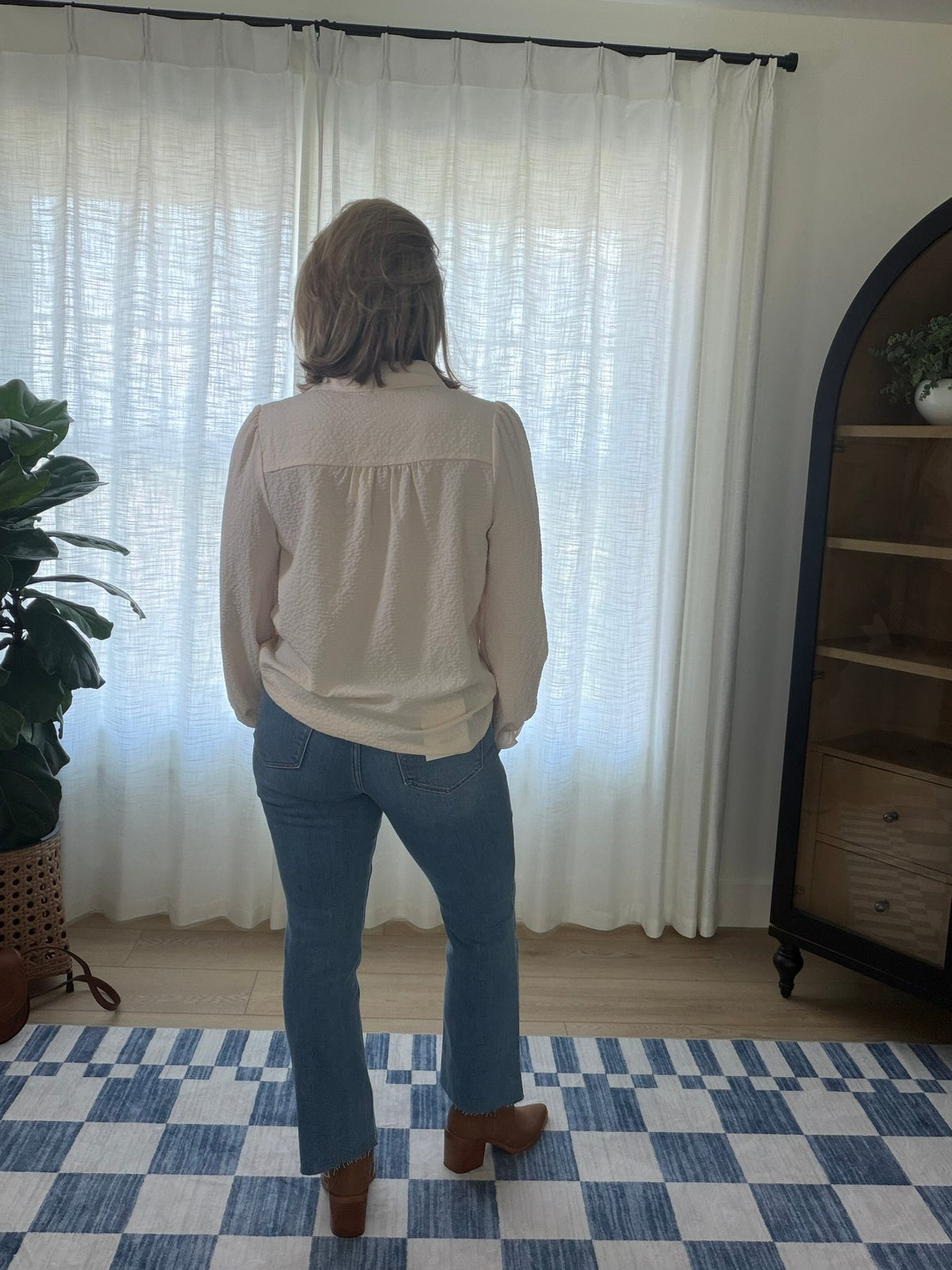 Textured Ruffle Button-Up Blouse