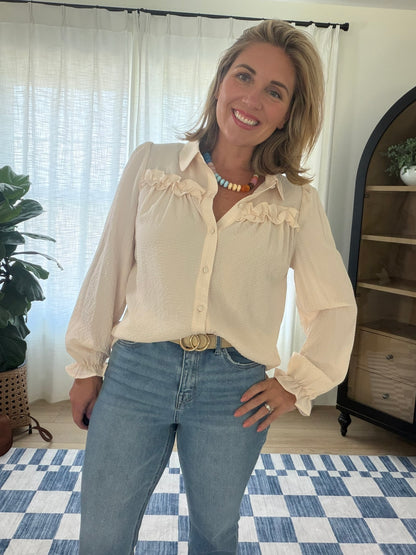 Textured Ruffle Button-Up Blouse
