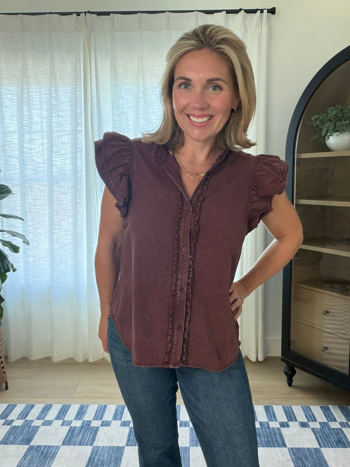 Mineral Wash Ruffle Sleeve Blouse
