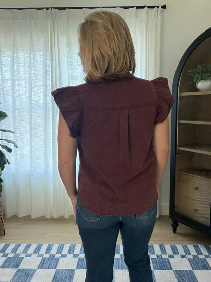 Mineral Wash Ruffle Sleeve Blouse