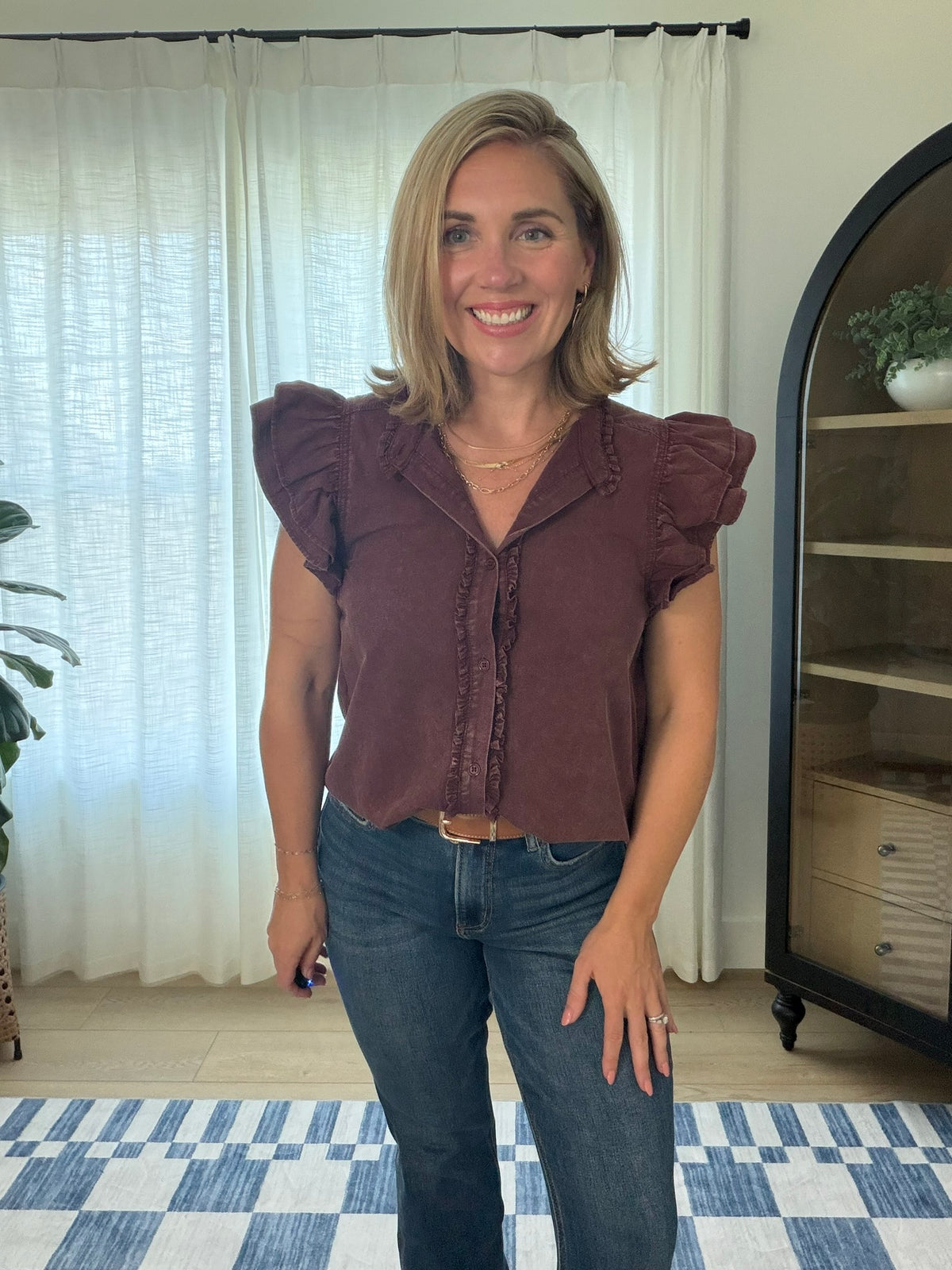 Mineral Wash Ruffle Sleeve Blouse