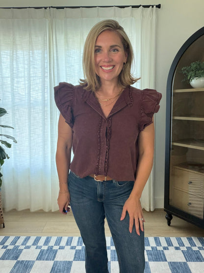 Mineral Wash Ruffle Sleeve Blouse