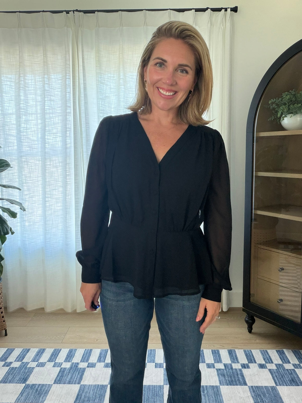 Button-Front Peplum Blouse
