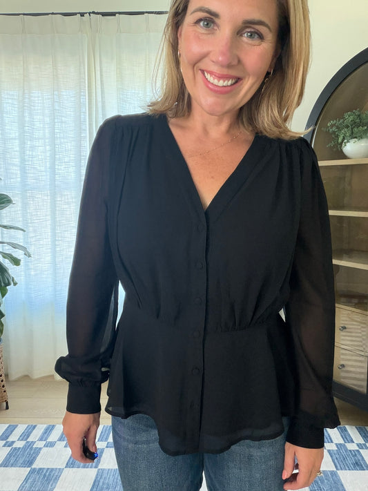 Button-Front Peplum Blouse