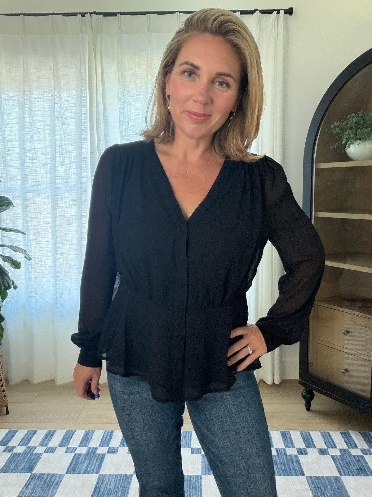 Button-Front Peplum Blouse