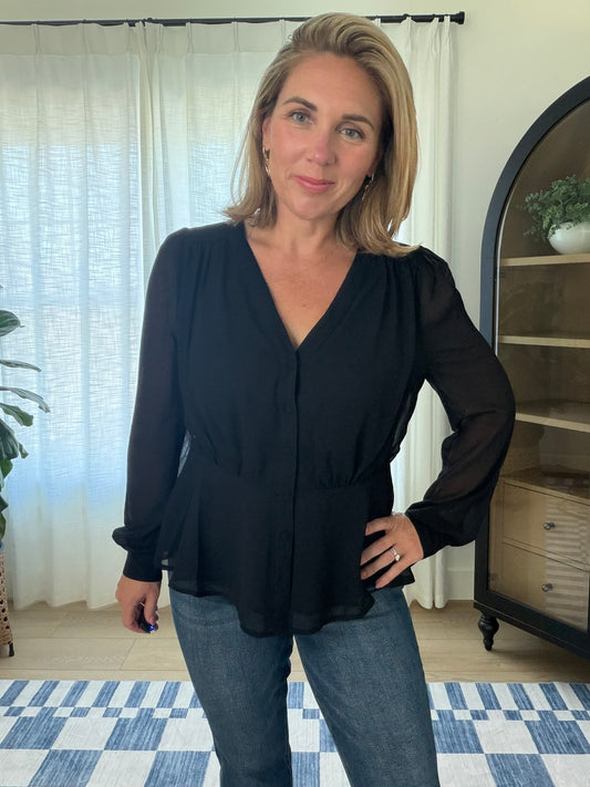 Button-Front Peplum Blouse