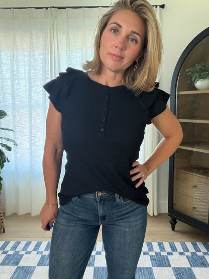 Flutter Sleeve Henley Knit Top