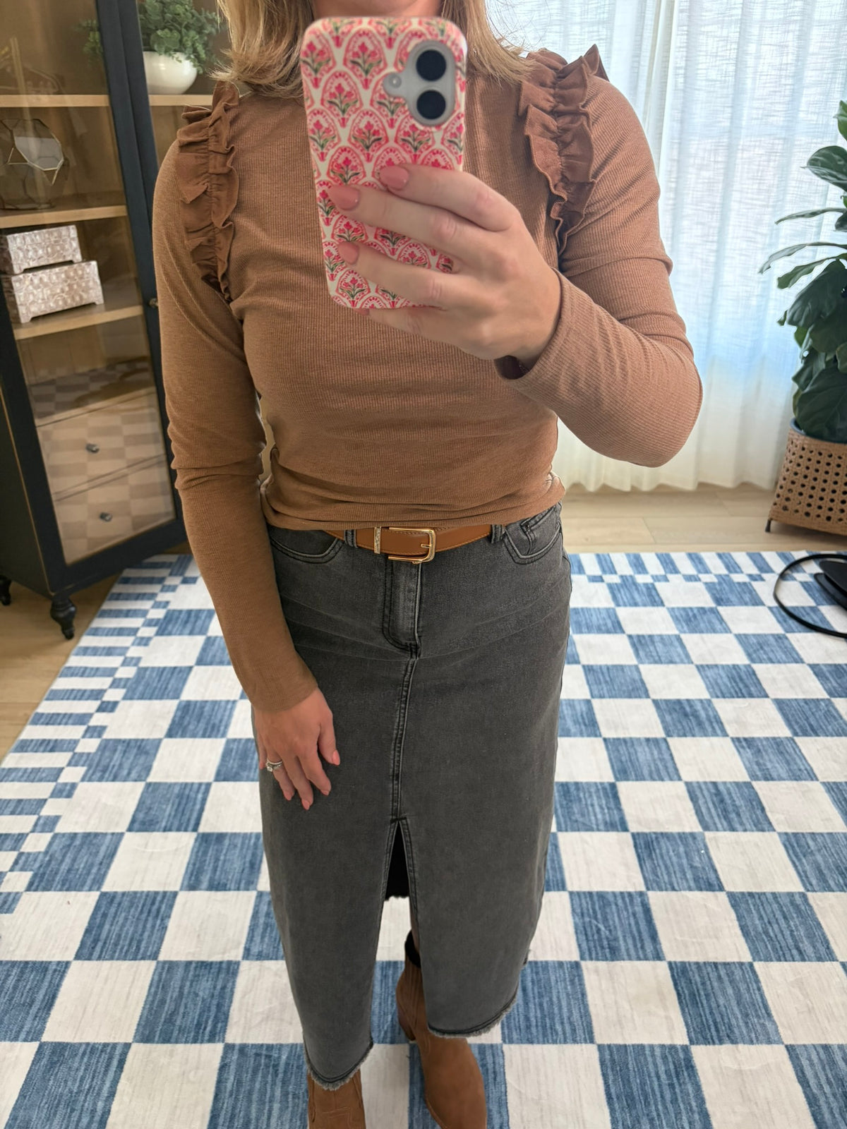 Faux Suede Ruffle Knit Top