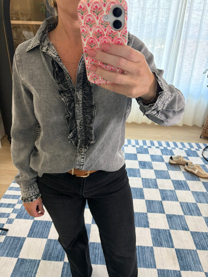 Ruffle Front Chambray Top