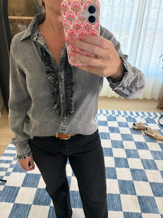 Ruffle Front Chambray Top