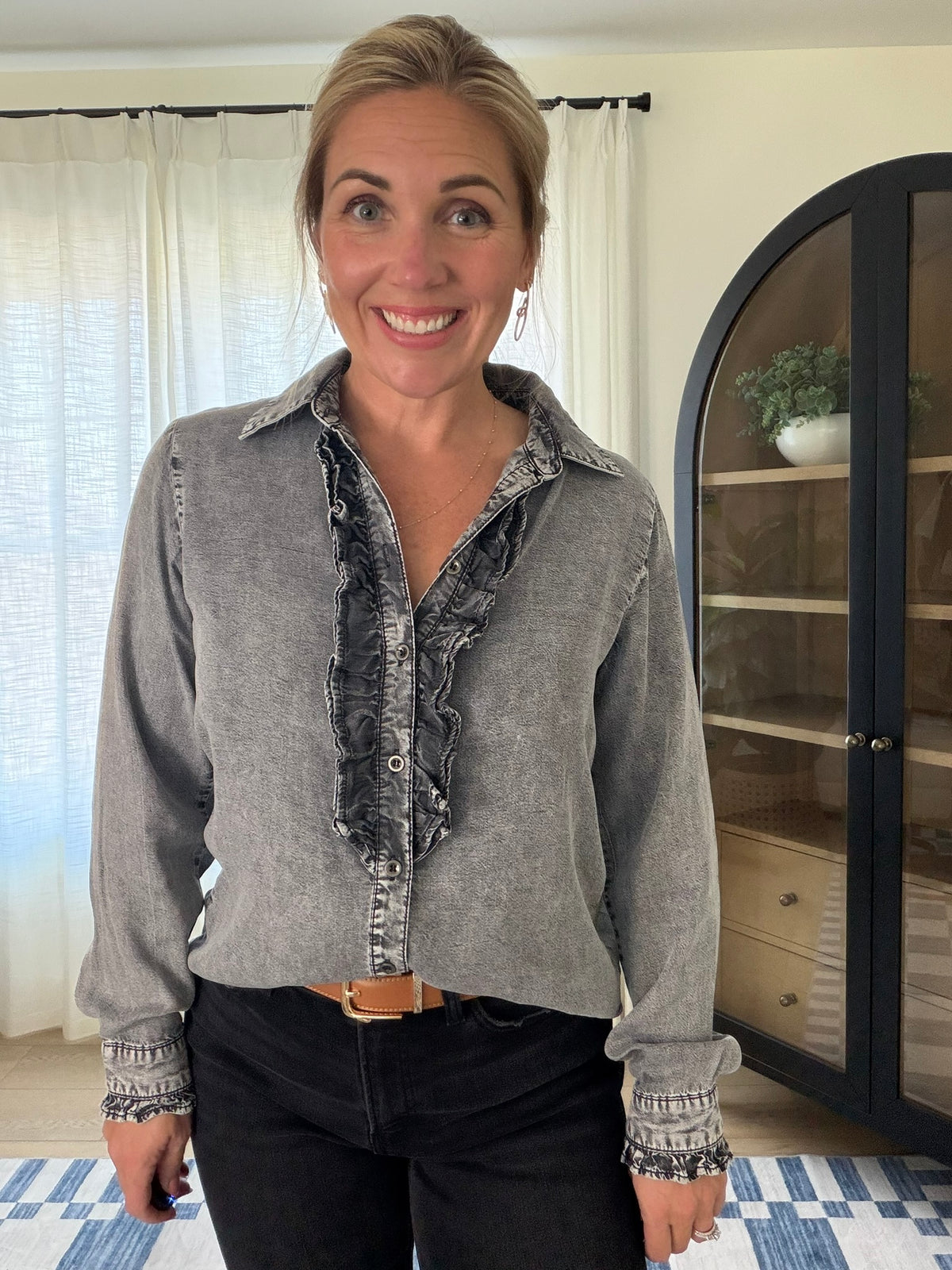 Ruffle Front Chambray Top