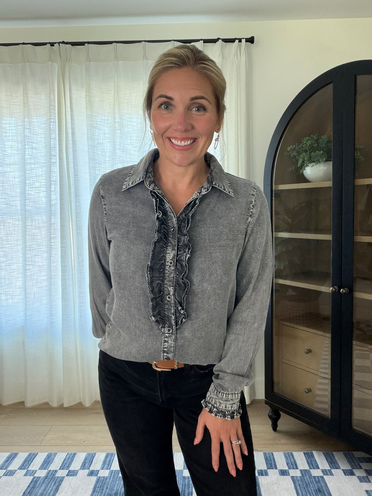 Ruffle Front Chambray Top