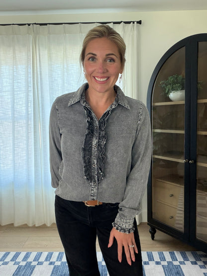 Ruffle Front Chambray Top