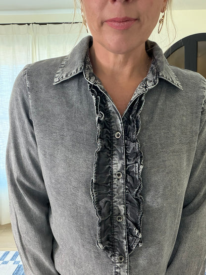 Ruffle Front Chambray Top