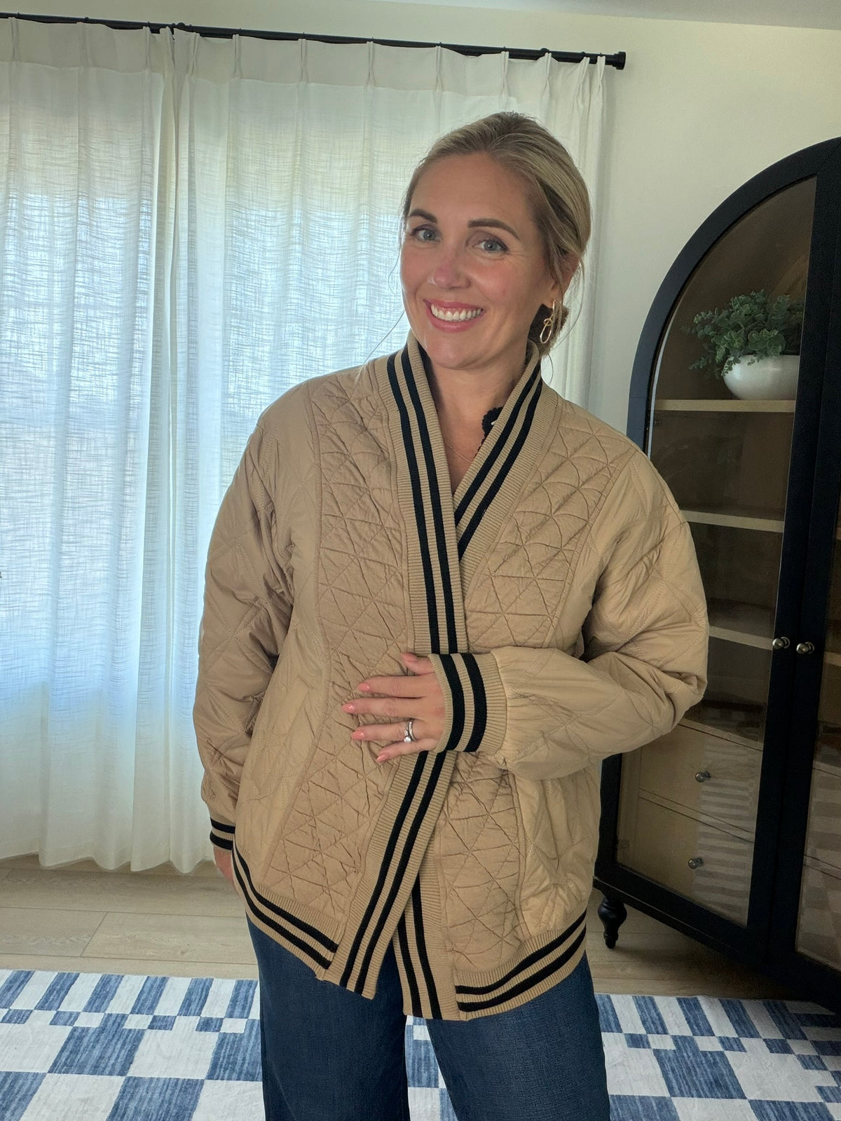 Striped Trim Open Front Quilted Bomber Jacket