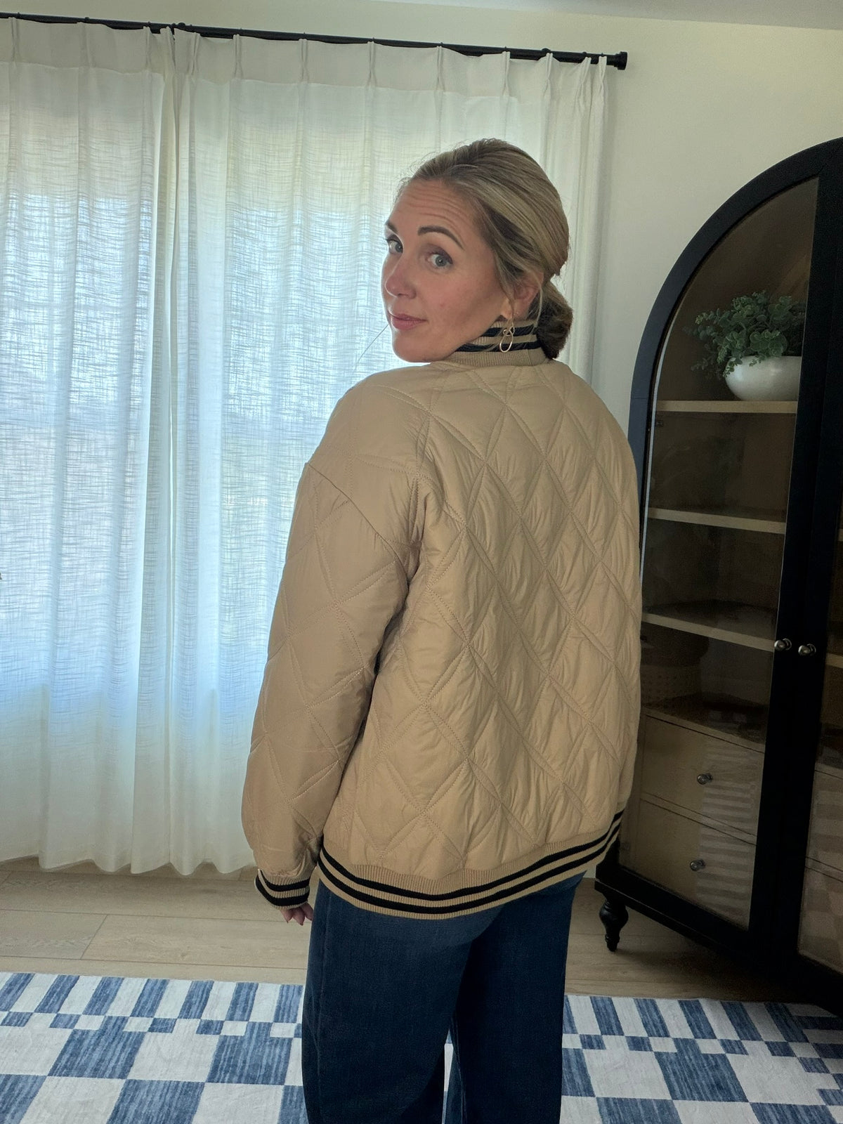 Striped Trim Open Front Quilted Bomber Jacket