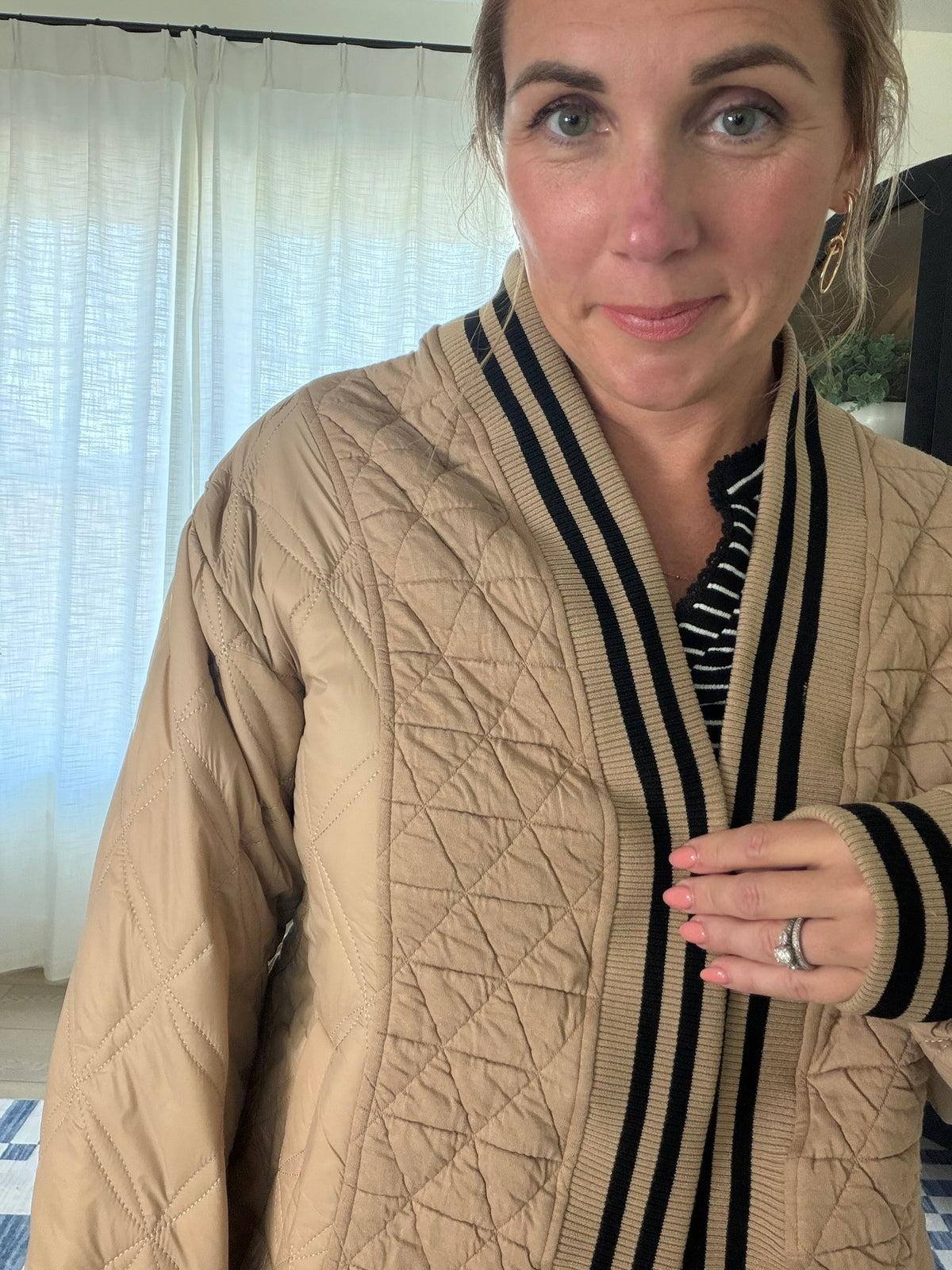 Striped Trim Open Front Quilted Bomber Jacket