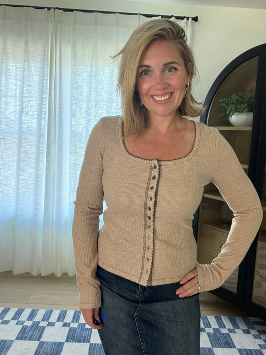 Contrast Stitch Button Front Ribbed Top