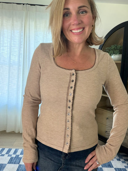 Contrast Stitch Button Front Ribbed Top